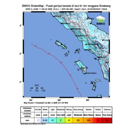 Gempa M6,4 Guncang Tenggara Sinabang, BMKG Imbau Waspada Susulan